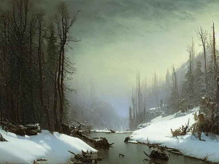 Image similar to Canadian Wilderness by Albert Bierstadt. Epic landscape, winter blizzard. Oil on Canvas. Private Collection