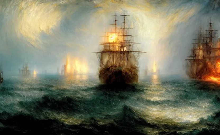 Image similar to epic naval battle, pirate galleons and millennium falcon. by artstation trending, by joseph mallord william turner, luis royo, konstantin razumov, cinematic lighting, fractal flame, highly detailed