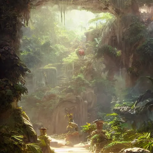 Image similar to concept art of a jungle path with a huge overgrown stone statues, religious, in the style of fenghua zhong and ruan jia and jeremy lipking and peter mohrbacher, mystical colors, rim light, beautiful lighting, 8 k, stunning scene, raytracing, octane, trending on artstation