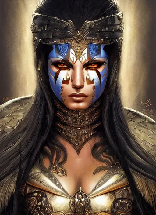 Image similar to a highly detailed symmetrical painting of a female amazon warrior with piercing beautiful eyes in dark tomb setting, dynamic lighting, ambient lighting, deviantart, art by artgerm and karol bak and mark brooks