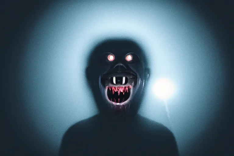 Image similar to A vile creature in the dark is illuminated by a flashlight, scary scene, top horrible creature, horrible, horrors filmed on camera, teeth fangs and drool, jaw and tongue, man is terrified, fear, scream, terror, darkness, basement, 8k, hyper-realistic, ray tracing, night, flashlight