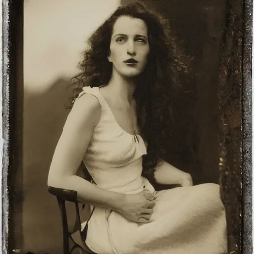 Image similar to tintype, smoke offhand by ossip zadkine. a beautiful photograph of a woman with long curly hair, wearing a white dress & sitting in a chair in front of a window with a view of a mountainside.