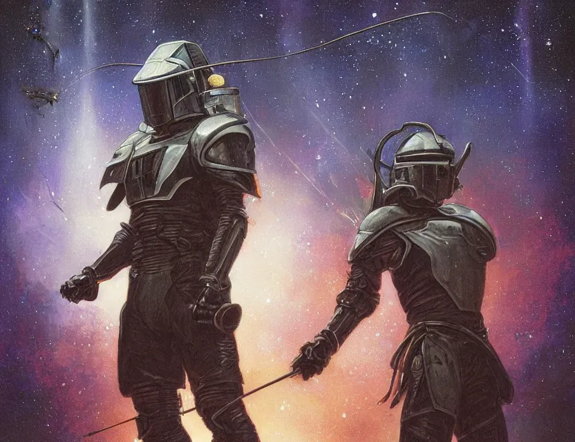 Image similar to a detailed portrait painting of a bounty hunter wearing a reflective visor, standing in a forest holding a weapon, spacecraft flies in the distance. cinematic sci-fi poster. Flight suit, cloth and metal, accurate anatomy. Samurai influence, knight influence. fencing armour. portrait symmetrical and science fiction theme with lightning, aurora lighting. clouds and stars. Futurism by moebius beksinski carl spitzweg moebius and tuomas korpi. baroque elements. baroque element. intricate artwork by caravaggio. Oil painting. Trending on artstation. 8k