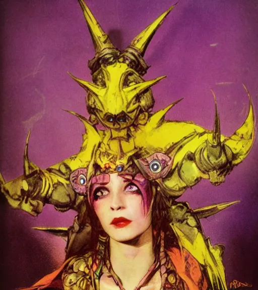 Image similar to evil princess of the wasteland, scrap metal headdress, strong line, vivid neon color, yellow purple, beautiful! coherent! by brian froud, by frank frazetta, low angle