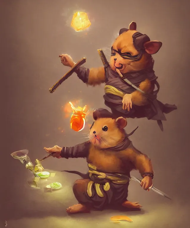 Prompt: anthropomorphic hamster ninja eating sushi, ninja outfit, standing in a buddhist temple, cute and adorable, dnd character art portrait, well rendered matte fantasy painting, deviantart artstation, by jason felix by steve argyle by tyler jacobson by peter mohrbacher, cinematic lighting