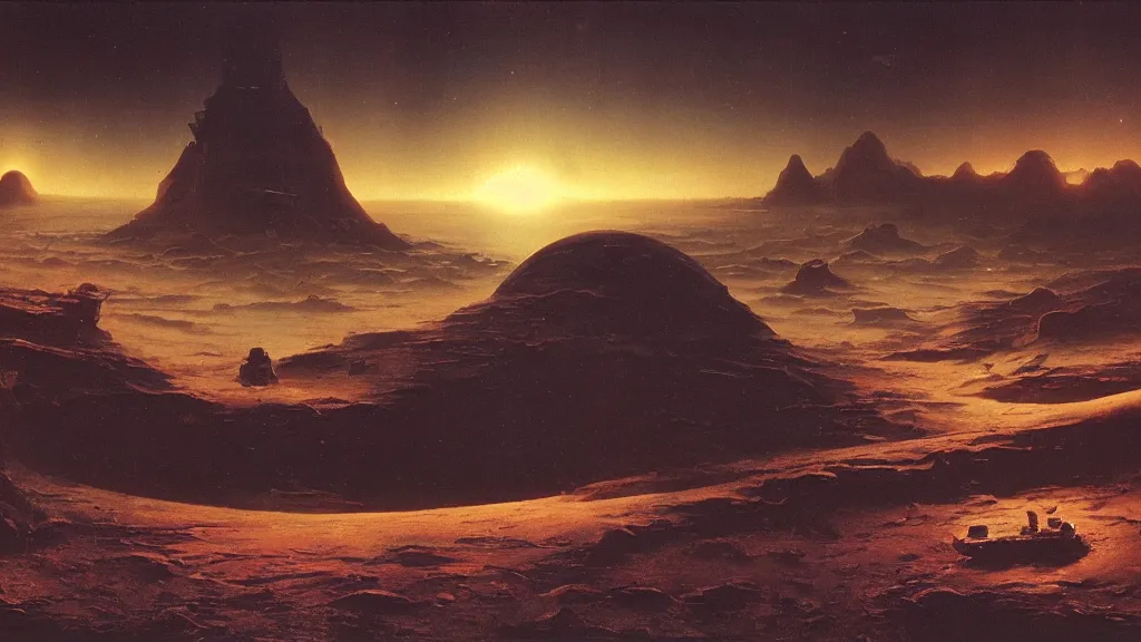 Image similar to otherworldly atmosphere of the first spaceship on venus by arthur haas and bruce pennington and john schoenherr, cinematic matte painting