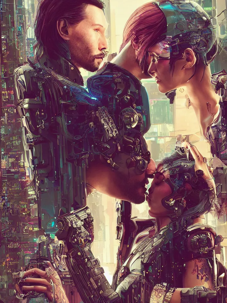 Image similar to a cyberpunk 2077 srcreenshot wedding couple portrait of Keanu Reeves and female android final kiss,love,film lighting,by Laurie Greasley,Lawrence Alma-Tadema,Dan Mumford,John Wick,Speed,Replicas,artstation,deviantart,FAN ART,full of color,Digital painting,face enhance,highly detailed,8K,octane,golden ratio,cinematic lighting