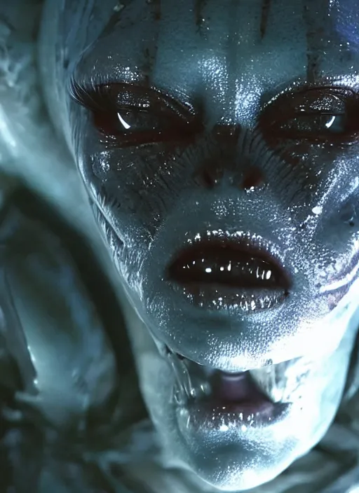 Image similar to film still of kim kardashian in the movie Alien, alien spider attached to her face as she tries to resist, spider webs on body, scary cinematic shot, 4k.