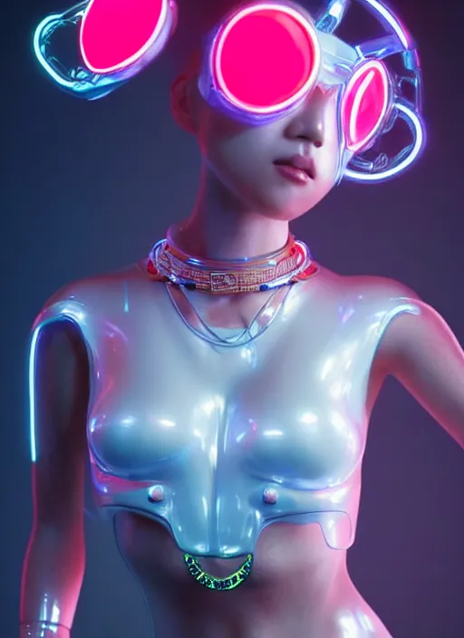 Prompt: an asian female humanoid with freckled cheeks, cyber neon lighting, futurism, intricate futuristic metal jewelry, cyberpunk glossy white latex swimwear, profile posing, hyper photorealistic, crispy quality, digital photography, trending in artstation, trending in pinterest, cinematic, 4 k ultra hd, art by pascal blanche, art by greg rutkowski,