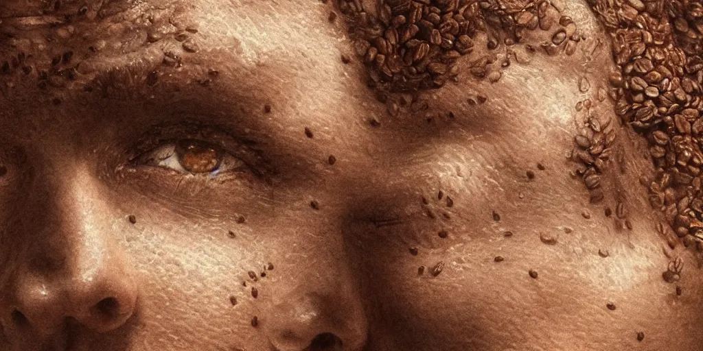 Image similar to Intricate detailed illustration, A portrait of a face constructed from coffee beans, cinematic lighting, by Philip Hood, wide angle, volumetric light scattering, 8k, artstation, concept art,