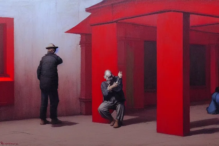 Image similar to only with red, a red old man try to sell a portrait, a crowd cheering, in a city square, in the style of beksinski, parts by edward hopper, parts by rodcenko, parts by yue minjun, intricate and epic composition, red by caravaggio, insanely quality, highly detailed, masterpiece, red light, artstation, 4 k