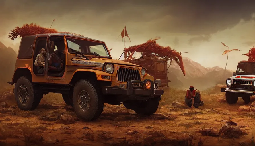 Image similar to Mahindra thar, tribe members watching nearby, an epic fantasy, dramatic lighting, cinematic, establishing shot, extremely high detail, photorealistic, shot on red camera, cinematic lighting, matte painting, artstation, by simon stalenhag, horizon fobidden west