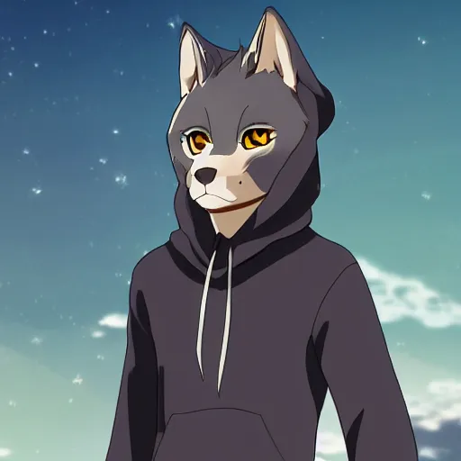 Image similar to key anime visual portrait of a handsome male anthro wolf furry fursona with beautiful eyes, wearing a hoodie, official modern animation