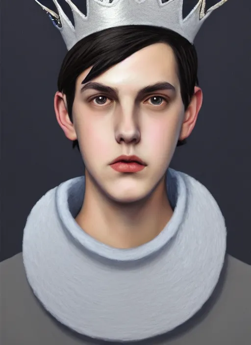 Image similar to portrait of teenage jughead jones wearing a light grey crown, photorealistic, crown made of felt fabric, crown, crown made of felt, black hair, intricate, elegant, highly detailed, digital painting, glowing lights, artstation, concept art, smooth, sharp focus, illustration, art by wlop, mars ravelo and greg rutkowski