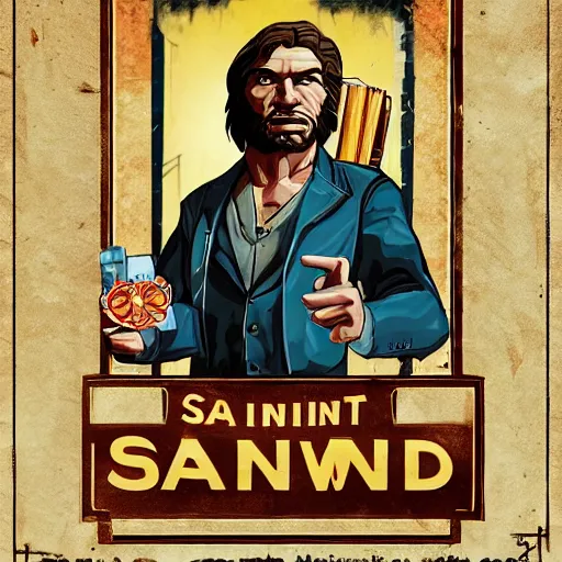 Prompt: saint homo neanderthalis portrait poster with book of science on his right hand, gta chinatown wars art style, bioshock infinite art style, hyperrealistic, two colors, paper border, 4 k, remove duplicate content, justify contents center.