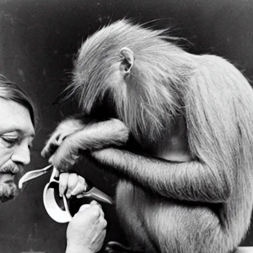 Image similar to robert wyatt carefully giving a monkey a haircut