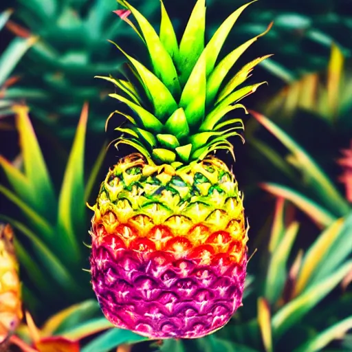 Prompt: a photo of a rainbow colored pineapple