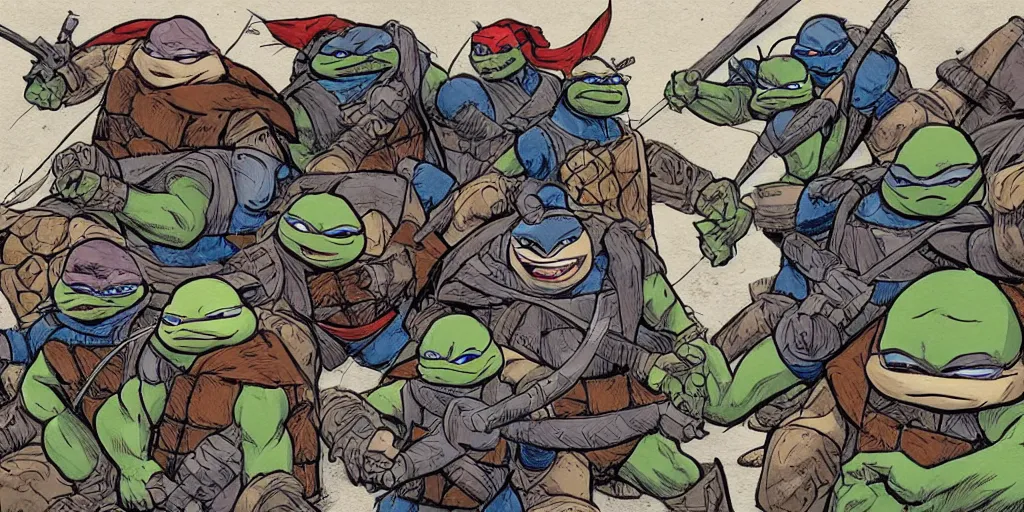 Image similar to medieval teenage mutant ninja turtles comics trending on artstation