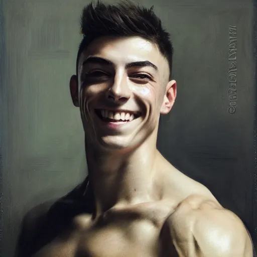 Image similar to muscular smiling kai havertz by ruan jia, portrait