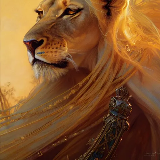 Image similar to highly detailed portrait of a majestic lioness queen in the form of a beautiful woman. d & d. art by donato giancola, eugene delacroix, ruan jia, carl larsson, peter mohrbacher. trending on artstation, intricate details, energetic composition, golden ratio, concept art, illustration, elegant art, global illuminaition