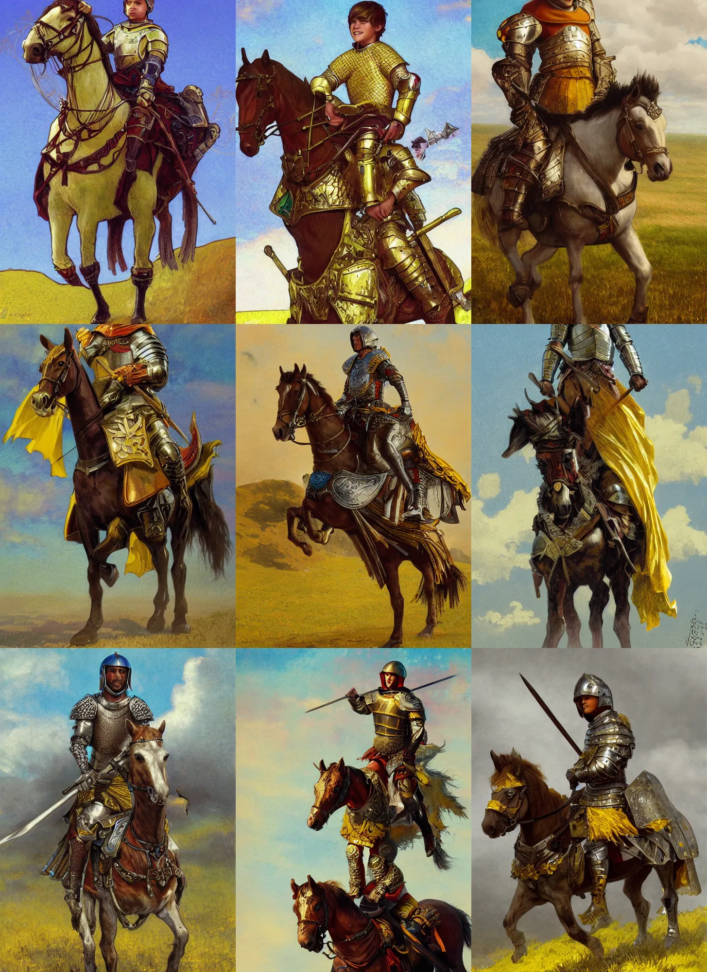 Prompt: frankie muniz young with medieval armor, on horse with yellow caparison, field background, intricate, elegant, highly detailed, artstation, sharp focus, illustration, rutkowski, mucha
