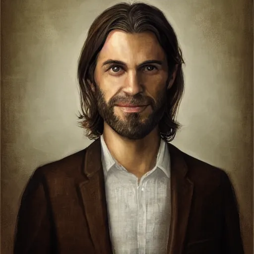 Image similar to portrait of a handsome man of 3 9 years old, green eyes, light brown, good looking, wide round nose, mid long hair by david rutkowski, by artgem