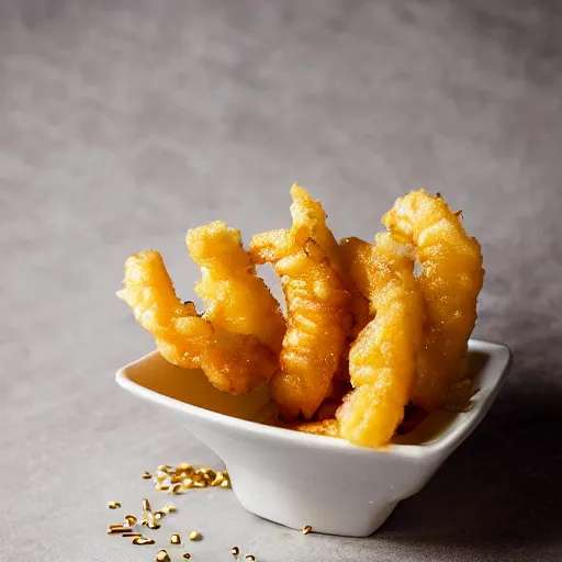 Image similar to shrimp tempura set coated entirely in gold, 100mm food photography