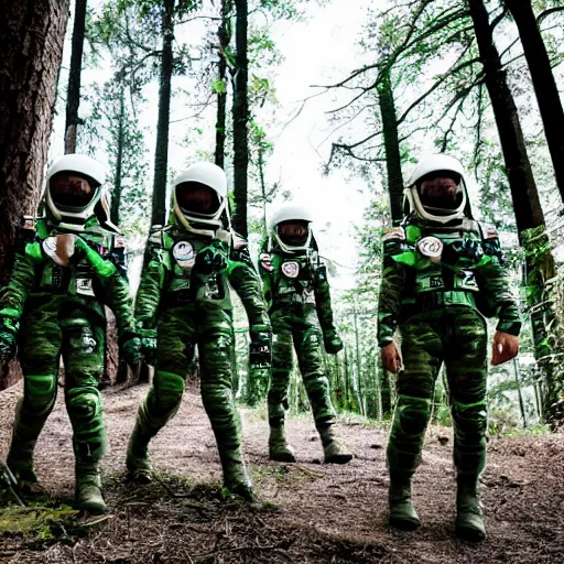 Image similar to a squad of space scouts wearing camo uniforms with white armor and helmets exploring a forest planet