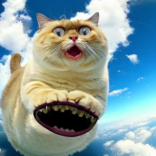 Prompt: real photo of fat angry cat skydiving