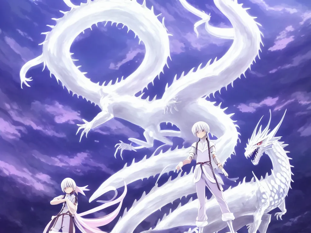 Prompt: anime art full body portrait character concept art, be surrounded by a huge silver white dragon center, in white clouds fairyland, finely detailed perfect face delicate, raphael lacoste, trending on pixiv fanbox, james jean, violet evergarden, studio ghibli, xision, extremely high quality artwork