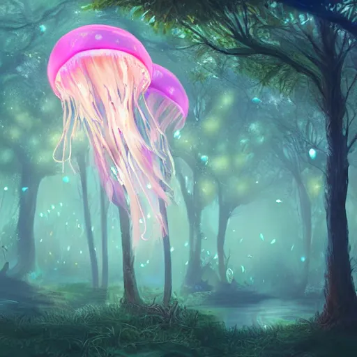 Prompt: a magical forest filled with floating glowing jellyfish, concept art, digital painting, deviantart, artstation