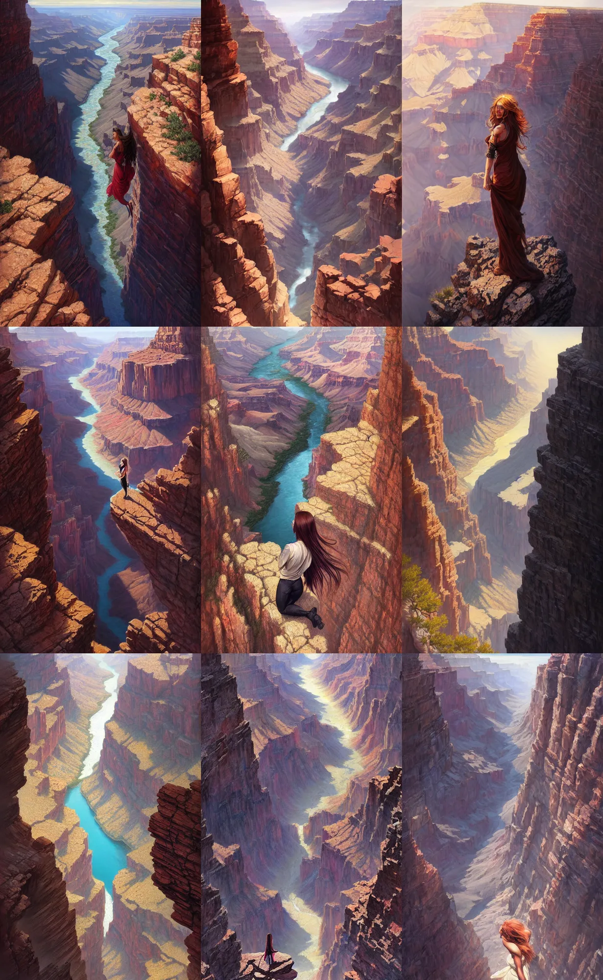 Prompt: high angle selfie of a beautiful woman taken at the rim of the grand canyon, background view looking down in into dark chasm of khazaddum, 2 d digital fantasy art, art by greg rutkowski, art by randy vargas, art by artgerm, art by alex garner, intricately detailed, highly detailed, trending on artstation