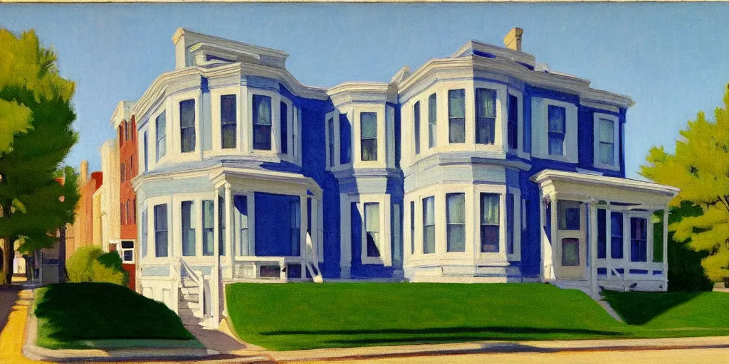 Prompt: google street view of ( 1 0 2 dempster street evanston illinois ), painted by edward hopper