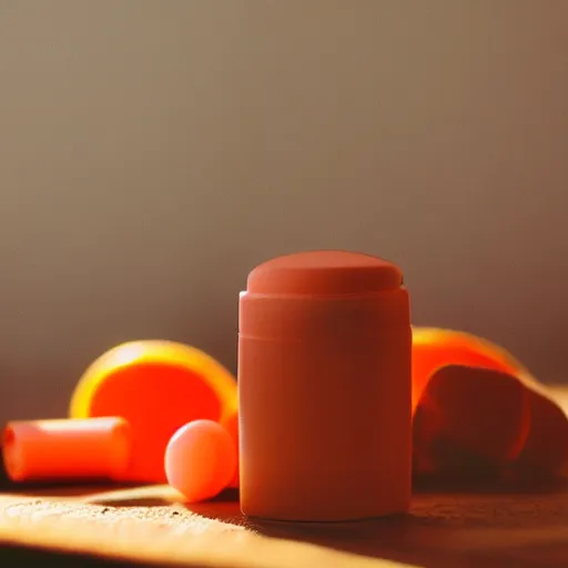 Prompt: orange colored lipbalm in giant piles on table, shaded, backlit