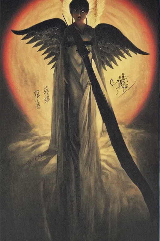 Image similar to angel of death smiling in the dark night, art by takeshi ohbata, tsugumi ohba, takeshi miike, raden saleh