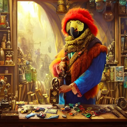 Prompt: a Anthropomorphized parrot trader in his shop, selling his wares, portrait, items, gold, carpet, window, presenting wares, holding a gold bag, D&D, fantasy, cinematic lighting, highly detailed, digital painting, artstation, concept art, smooth, sharp focus, illustration, warm light, cozy warm tint, magic the gathering artwork, volumetric lighting, 8k, art by Akihiko Yoshida, Greg Rutkowski