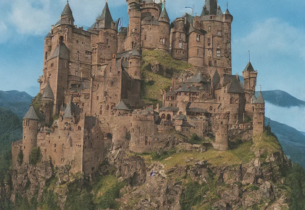 Image similar to enormous medieval castle on top of a tall narrow mountain, photorealistic, high detail, kodak portra 4 0 0