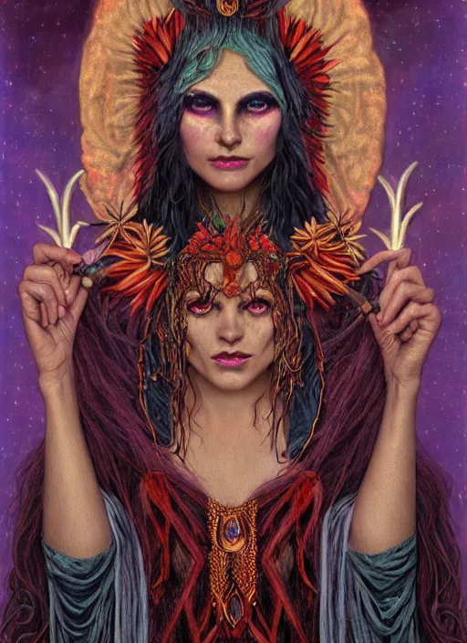 Image similar to Ayahuasca tripping cult magic psychic woman with horns eyes, subjective consciousness psychedelic, epic occult ritual symbolism story iconic, dark witch headdress, oil painting, robe, symmetrical face, greek dark myth, by John William Godward, Jason A Engle, Anna Dittman, masterpiece