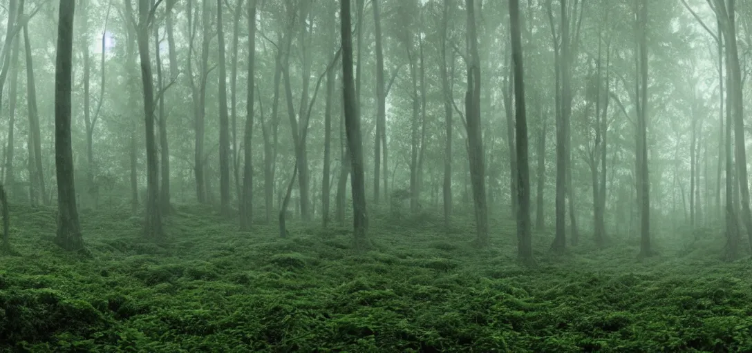 Image similar to a complex organic fractal 3 d ceramic megastructure in a lush forest, foggy, cinematic shot, photo still from movie by denis villeneuve