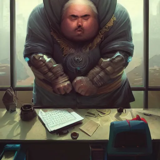 Prompt: a insanely detailed painting of a slightly overweight man wearing a homemade superhero costumed, sitting at a computer desk, nervously and clicking on the mouse, in the style of peter mohrbacher, dramatic lighting and composition, trending on artstation, concept art, comic book, graphic novel