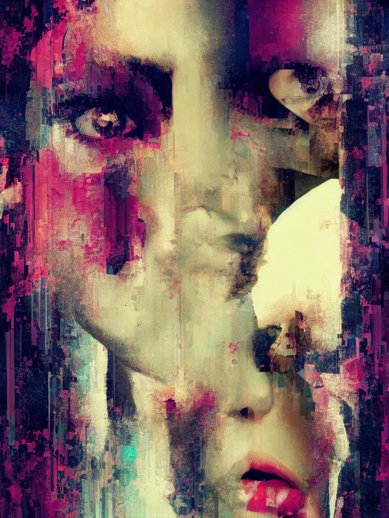 Prompt: a beautiful painting by patrick bremer of a girl portrait in front of a mirror in a glitched bathroom, pixel sorting, color bleeding, brushstrokes by jeremy mann