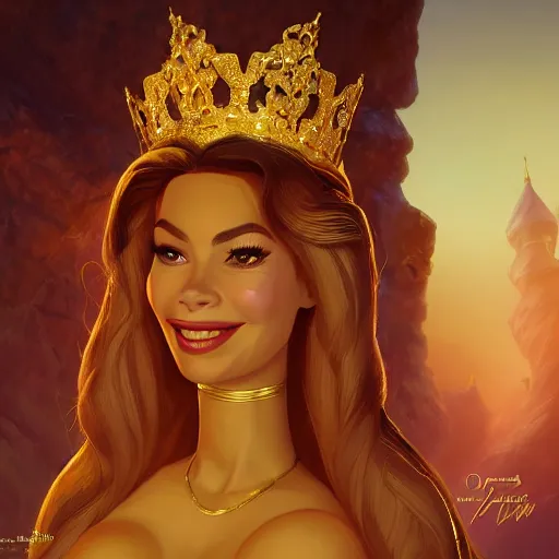 Image similar to Portrait of Sofia Vergara as the Golden Queen wearing a majestic crown, luxurious scene, mattepainting concept Blizzard pixar maya engine on stylized background splash comics global illumination lighting artstation lois van baarle, ilya kuvshinov, rossdraws