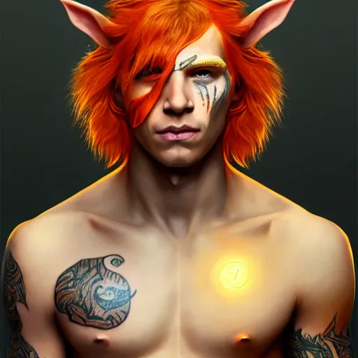 Image similar to portrait painting of an elven young man with short light orange hair and tribal tattoos on his face wearing fur armor, sharp focus, award - winning, trending on artstation, masterpiece, highly detailed, intricate. art by merwild and ernesto irawan and rachel denton