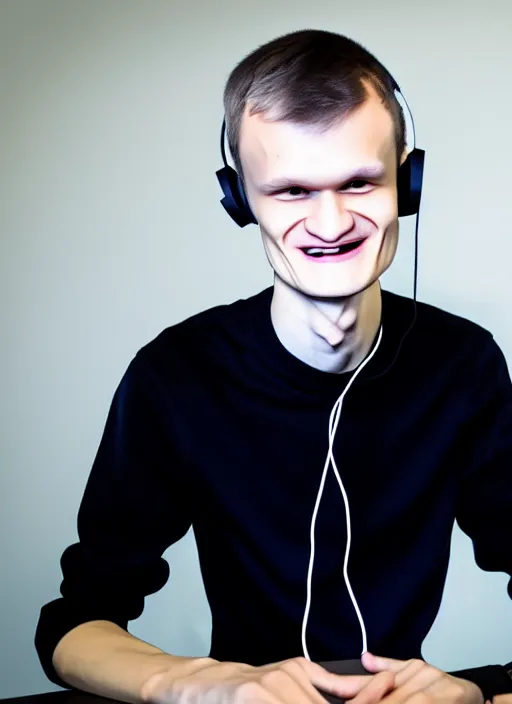 Image similar to vitalik buterin in headphones. vitalik buterin, close up, perfect symmetric face, coherent eyes, pixar, disney, beautiful smiling face, high detail, very sharp, 4 k