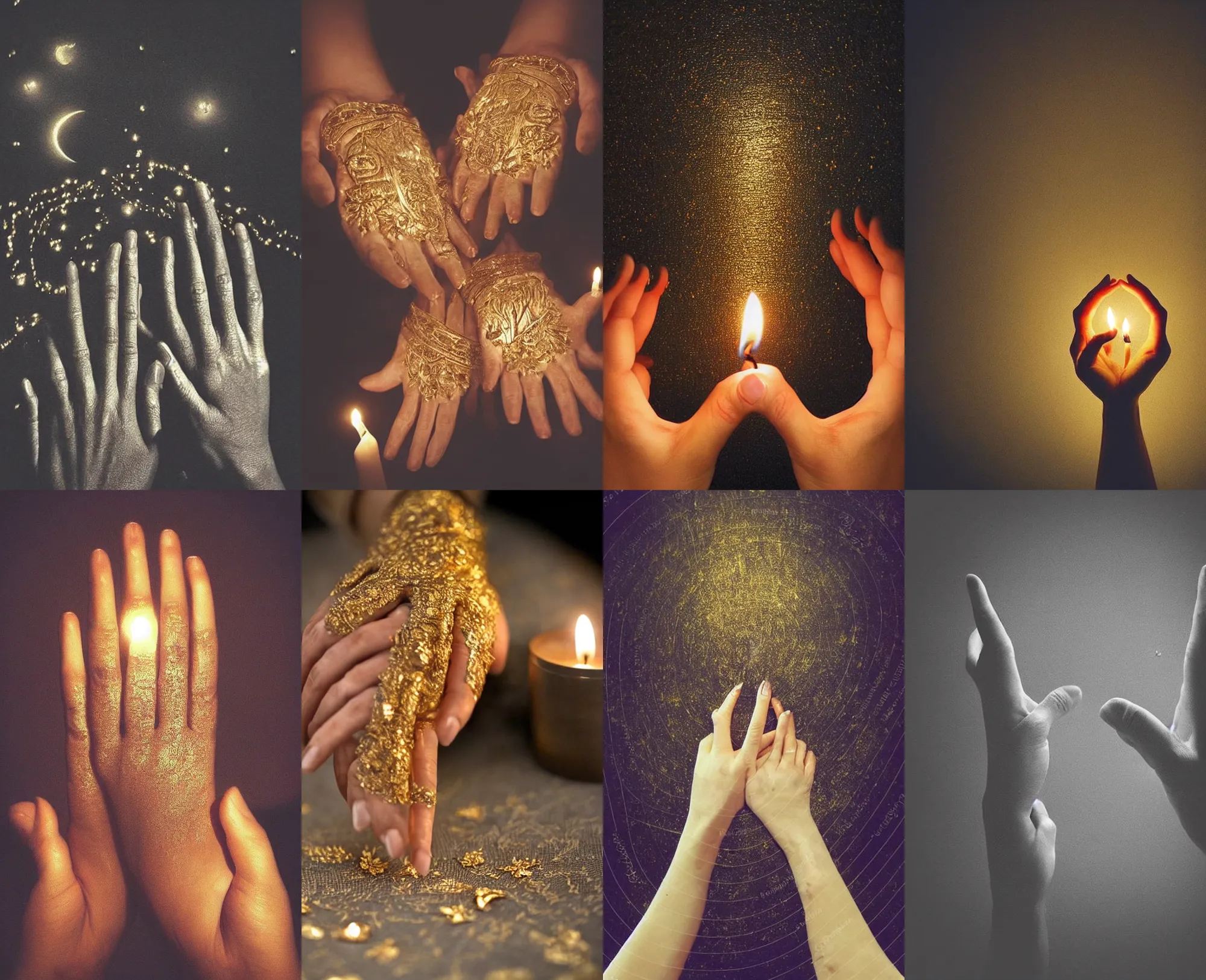 Prompt: masterpiece of beautiful hands close to a candle in dark room, cinematic, powerful, moon beams, dramatic light, highly intricate, gold elements ho