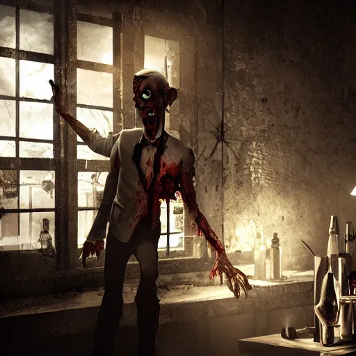 Image similar to waiter angry zombie, detailled portrait, restaurant interior, feeling of grimdark horror, daytime, high contrast, ultra intricate detailed, octane render, unreal engine, style of a dusk falls