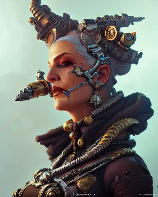 Prompt: junker queen from overwatch, character portrait, concept art, intricate details, highly detailed by greg rutkowski, michael whelan and gustave dore