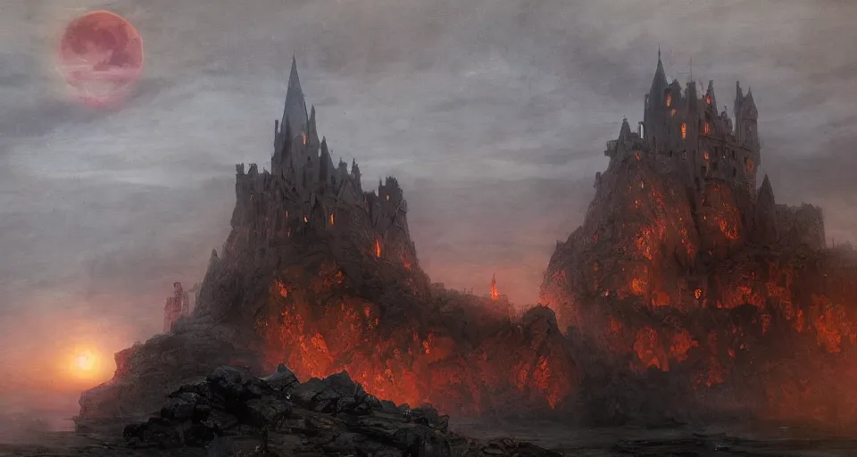 Image similar to an old castle rising up from the mist at night silhouetted by a single huge bloodmoon, anders zorn, stephen hickman, thomas kincade, brutalist, James Paick, Julian Falat, ultra realistic, trending on artstation, lava, dungeons and dragons, warm saturated colors, spooky, haunted