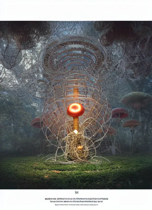 Image similar to wide - angle shot of mushroom temple, cables and tubes, depth of field, zeiss lens, detailed, symmetrical, centered, fashion photoshoot, by nicoletta ceccoli, mark ryden, lostfish, earl nore, hyung tae, frank frazetta, breathtaking, 8 k resolution, extremely detailed, beautiful, establishing shot, artistic, hyperrealistic, octane render