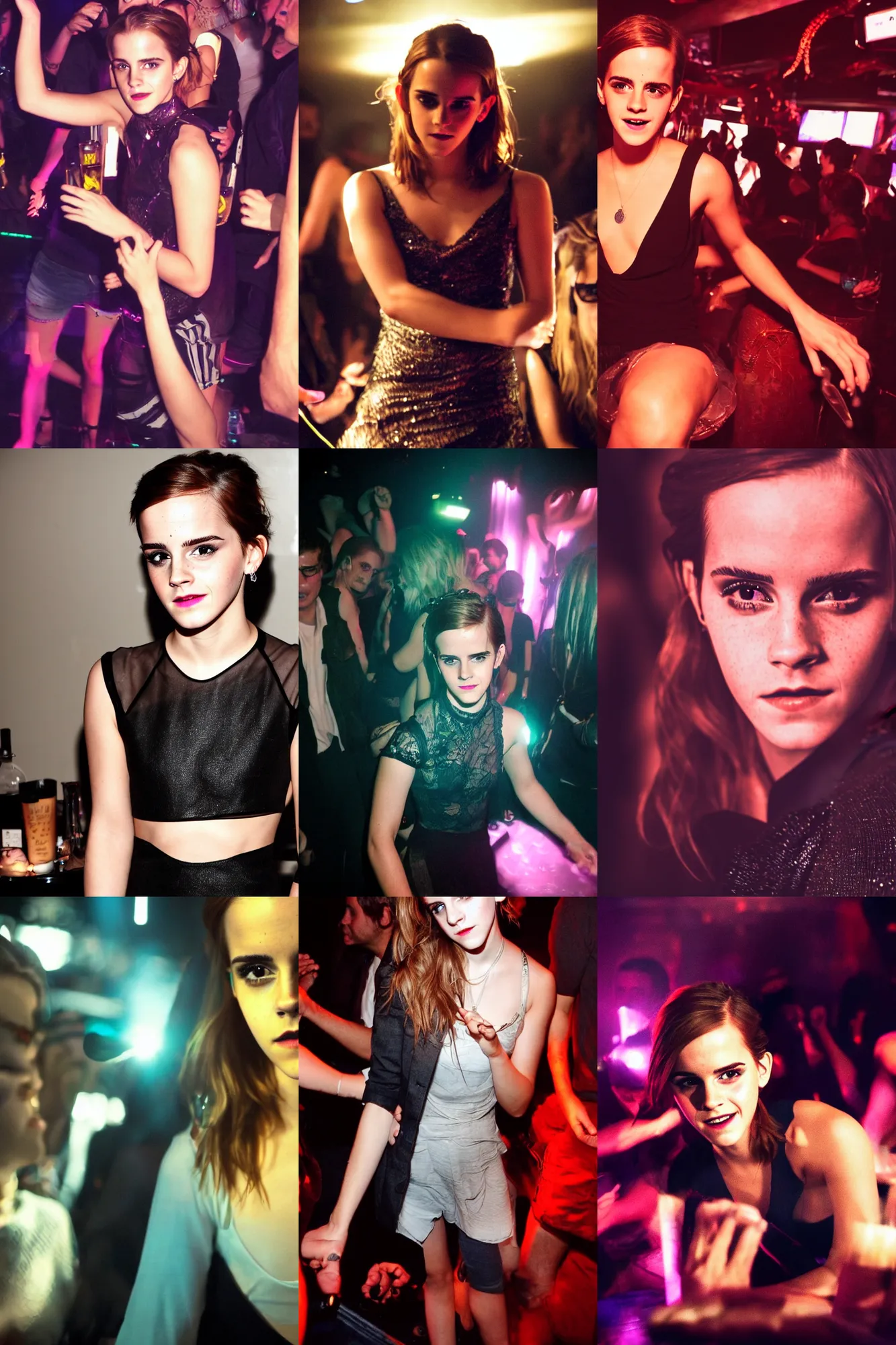 Prompt: A photo of Emma Watson drunk partying in the nightclub. Cyberpunk lighting.